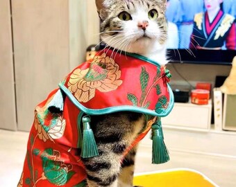 Traditional Red and Gold Flower Chinese Princess Dress and Cape for Pets, Dogs and Cats