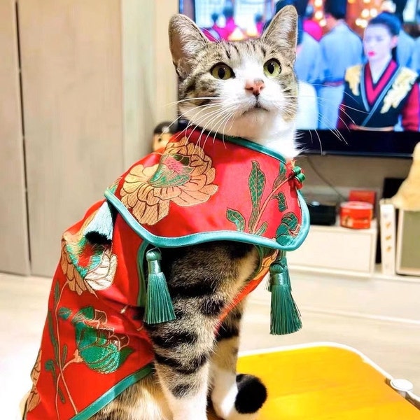 Cape et robe de princesse chinoises traditionnelles rouges et dorées pour animaux de compagnie, chiens et chats