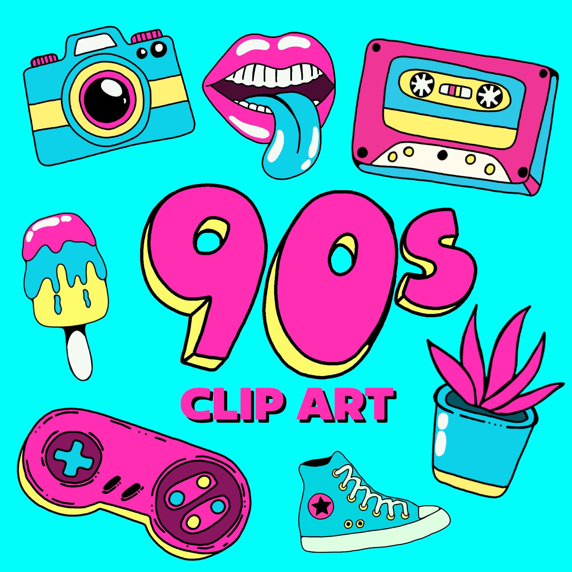 90 S Clipart, 90s Clipart Bundle, 90s Party, Retro 90s, Cute Clipart ...
