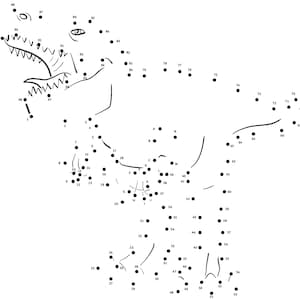 May include: A connect-the-dots activity featuring a dinosaur. The dinosaur is outlined with numbered dots, starting with number 1 and ending with number 80. The dinosaur is facing the left side of the image.