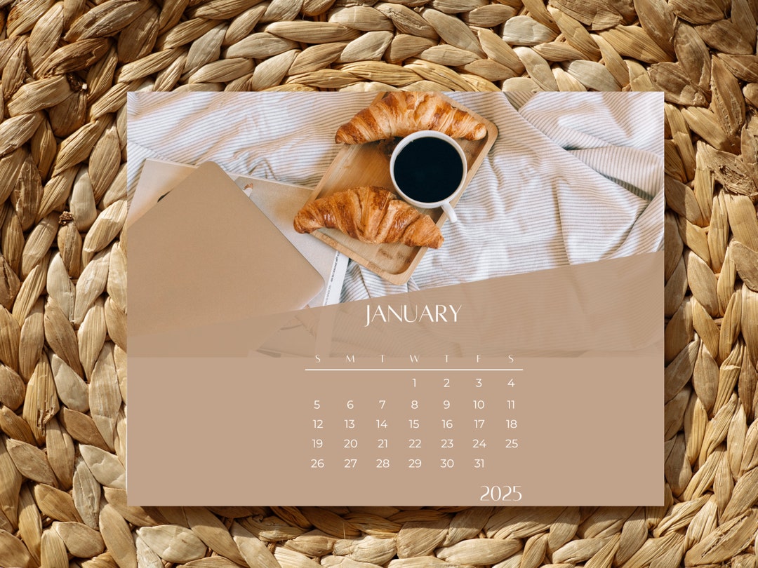 2025 Croissant and Coffee Themed 12 Month Calendar, 11x8.5 A4 PDF