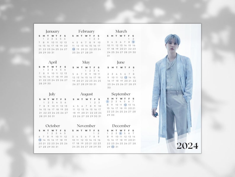 BTS Suga 2024 Calendar, Year at a Glance, 11x8.5 PDF, JPG, Printable