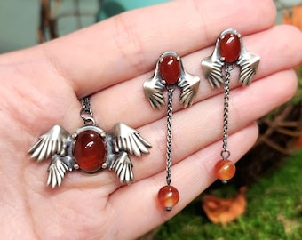 Handmade Sterling Silver Winged Earrings and Pendant with Carnelian Stones