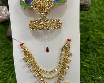 Set of Mukut , necklace, earrings for Krishna / can be used for other deity idols / for size 1-4 inches statue / jewellery set for deity