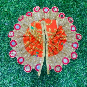 Beautiful laddu gopal dress on orange silk fabric / size 2 , 4 and 6 laddu Gopal poshak with red mirror lace border