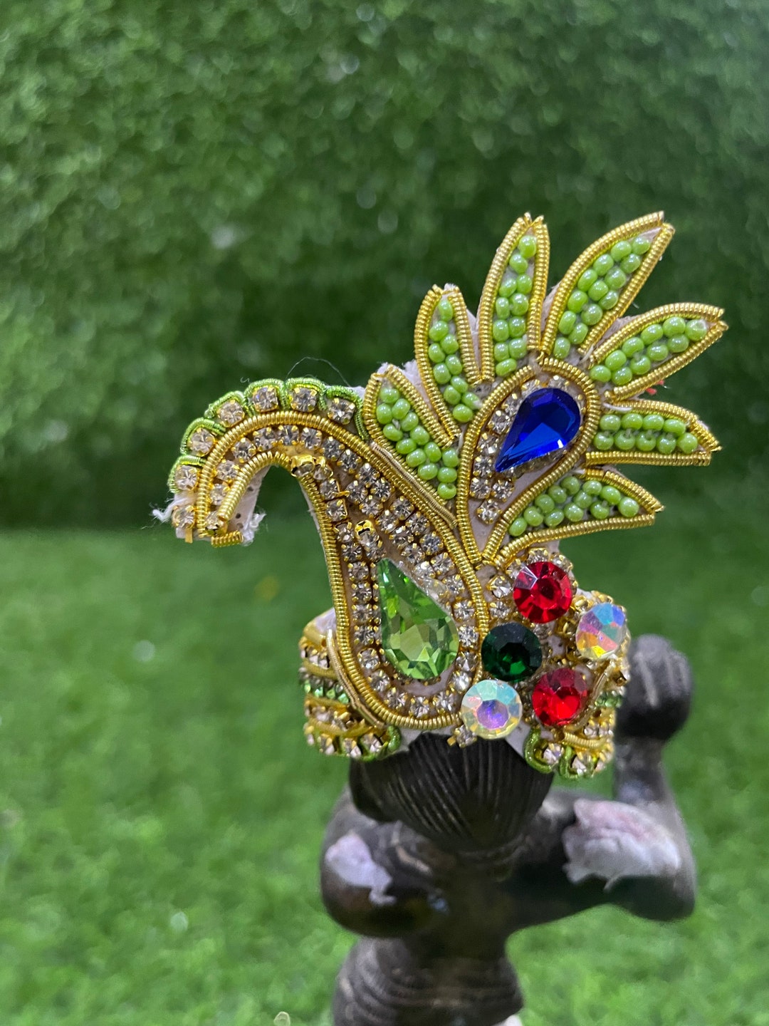 Light Green Embellished Krishna Mukut / Laddu Gopal Stone Crown / Jewellery for Size 1,2,3,4,5,6