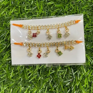 Stone embellished set of 2 Radha Krishna anklets / size 12 - 18 inch idol Payal / multicolour jewellery for deity