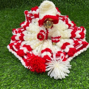 Very pretty off white red 2 piece Krishna woollen dress / available for size 1,2,3,4,5 , 6 laddu Gopal / winter poshak with matching cap
