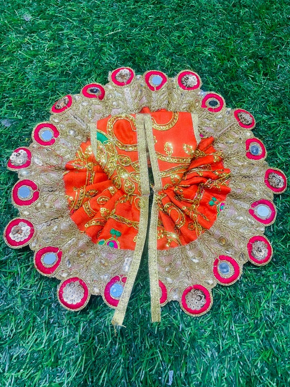 Beautiful Laddu Gopal Dress on Orange Silk Fabric / Size 2 , 4 and 6 Laddu Gopal Poshak With Red Mirror Lace Border