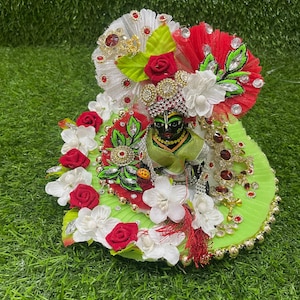 Very pretty parrot green Krishna dress with appliqué and floral work / available for size 1, 2 , 5 laddu Gopal