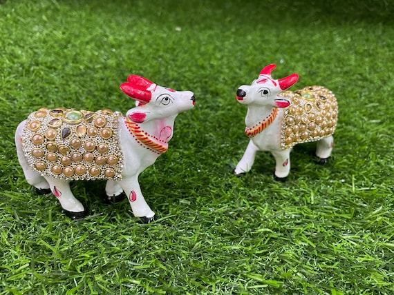 Beautiful cow set / height is 3.5 inches / pearl work  / home and temple decor