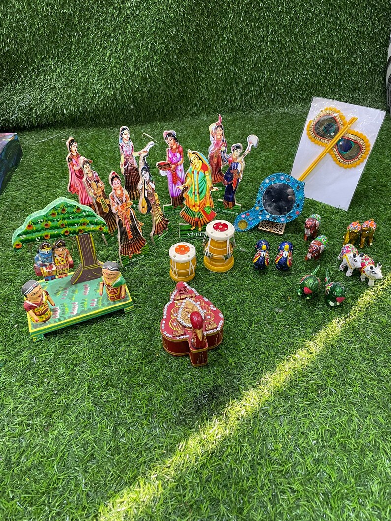 Janmashtami temple decor set / home decor / ashtsakhi , animal set , chawar fans , Krishna Leela jhanki , tabla set , prayer box and mirror image 2