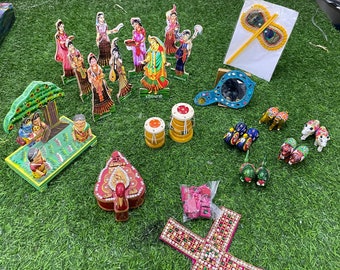 Janmashtami temple decor set / home decor / ashtsakhi , animal set , chawar fans , Krishna Leela jhanki , tabla set , prayer box and mirror