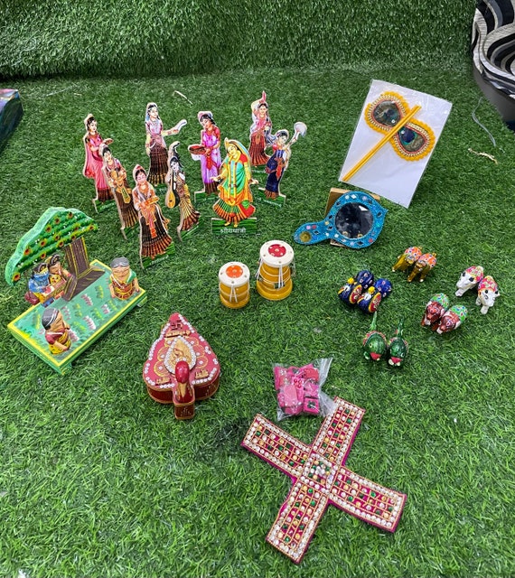Janmashtami temple decor set / home decor / ashtsakhi , animal set , chawar fans , Krishna Leela jhanki , tabla set , prayer box and mirror