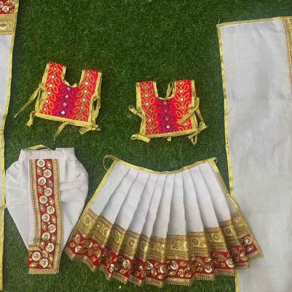 Amazing white colour Radha Krishna dress / available for size 2 , 3 , 4 , 5 , 6 , 7 , 9 , 12 , 15 inches lehenga dhoti / red gold border