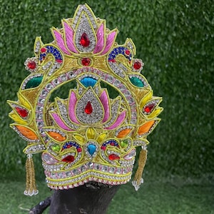 Krishna Mukut / Gopal ji stone crown / jewellery for HEAD circumference of 4-6 , 5 - 7 and 6 - 8 inches / pearl and resham work crown