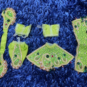 Designer unique green colour Radha Krishna dress / Resham embroidery and stone work / available for size 3-4 and 5-6 inch idols