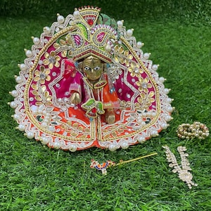 Designer Laddu Gopal poshak for size 1, 2 and 6 / Gota patti work on bandhej fabric / matching Mukut , haar , Bansi and kangan