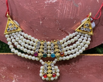 Beautiful Pearl and stone necklace / 8-10 inch Laddu Gopal and other deity idol haar / Mala for standing idols of 10-15 inches