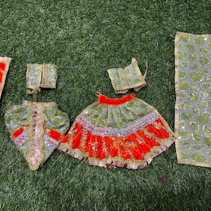 Amazing green orange Radha Krishna dress / available for size 2 , 3 , 4 , 5 , 6 , 7 , 9 , 12 , 15 inches lehenga dhoti / Radha Rani shringar
