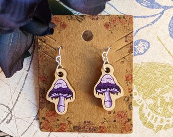 Ink Cap Mushroom Earrings - Whimsical  Wooden Jewelry - Fungi Accessory