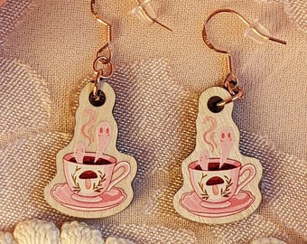 Ghost Teacup Earrings - Whimsical  Wooden Jewelry - Cottagecore Accessory