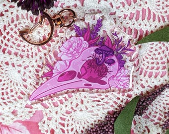 Fungal Skull Keychain | Spooky Raven Accessory | Bird Acrylic Keychain