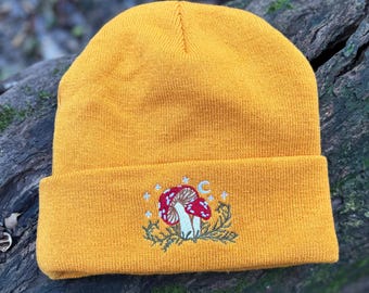 Yellow Mushroom Beanie | Soft Embroidered Hat | Adult Size | 100% Acrylic | Machine Washable