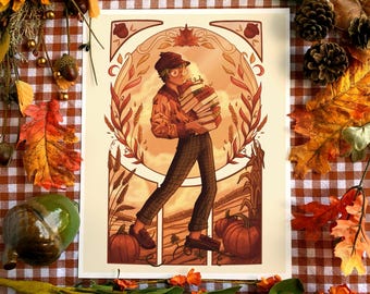 Acorn Boy Print | Traveling Librarian Autumn Art | 8.5" by 11"