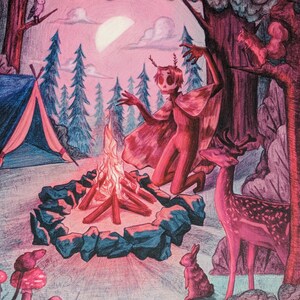 May include: A colorful illustration of a forest scene with a campfire, tent, and various forest creatures. A figure with a skull-like face kneels near the fire. The artwork is rendered in shades of pink, red, and blue.