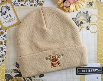 Tan Flower Bee Beanie | Soft Embroidered Hat | Adult Size | 100% Acrylic | Machine Washable