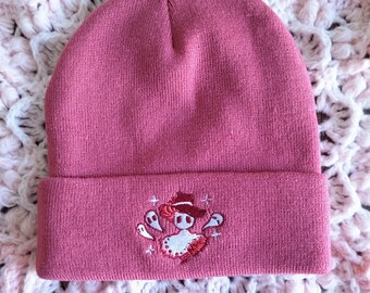 Pink Ghost Girl Beanie | Soft Embroidered Hat | Adult Size | 100% Acrylic | Machine Washable