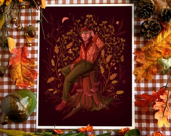 Acorn Boy Print | Fall Foliage Autumn Art | 8.5" by 11"