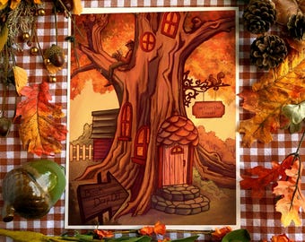 Cozy Oak Library Print | Whimsical Autumn Art | 8.5" by 11"
