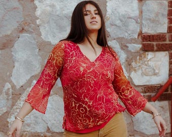 Blouse fleurie bohème en soie de l'an 2000