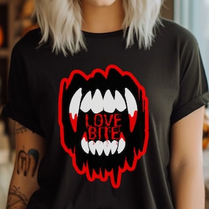 Love Bite Vampire style, Oversized Unisex Heavy Cotton Tee, Black T-Shirt with Graphic, Rocker Style T-Shirt, Alternative