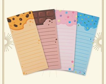 May include: Four printable notepad designs with lined paper. The designs feature a chocolate bar, a cookie, sprinkles, and blue frosting.