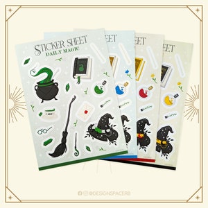 Sticker sheet // Dina6 // Stickers // Magical, witch, wizard // Witch&#39;s hat // Broom // Cauldron // Magic potion // Magic wand // Letter // Glasses
