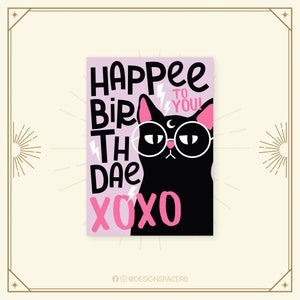 Carte de vœux - Happee Birthdae // Dina6 // Card // xoxo // Anniversaire // Chat // Magique // Lune // Sorcière // Grincheux // Dire // Anglais