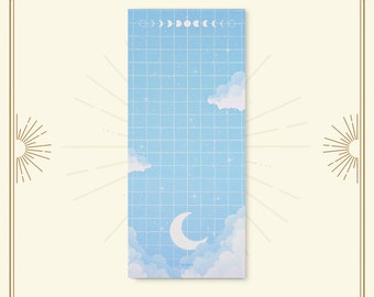 May include: A blue and white gridded background with a crescent moon and clouds. The background has a subtle sparkle effect. The text "@DESIGNSPACERB" is at the bottom of the image.