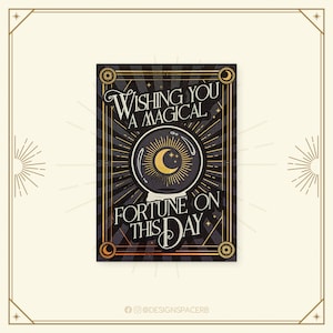 Wenskaart - Magical Fortune // Dina6 // Card // Gold Shine // Retro // Witch Wizard Magical Fortune Teller // Zeggen // Engels