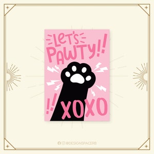 Carte de vœux - Let's Pawty // Dina6 // Carte // xoxo // Anniversaire // Chat // Magique // Patte // Sorcière // Grincheux // Dire // Anglais