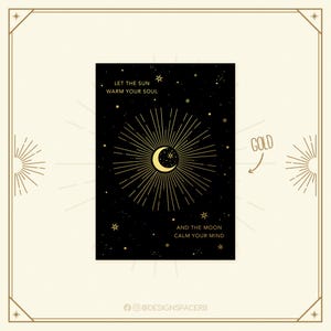 Wenskaart - Zon & Maan // Dina6 // Kaart // Gouden glans // Heksentovenaar Magisch // Hekserij // Sterren // Spreuk // Motiverend // Engels
