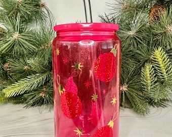 Holiday Ornaments Colored Glass Can, Christmas Gift, Holiday Sparkle Glass Lid and Straw