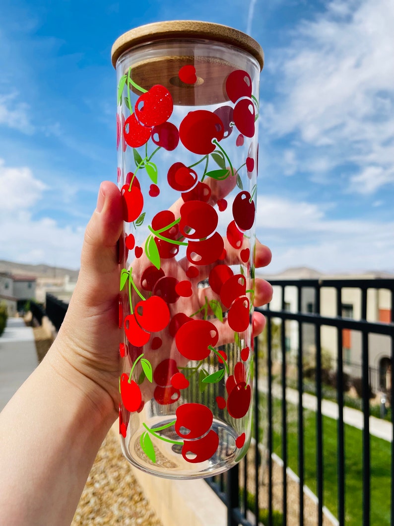 Vaso de vidrio de cerezas rojas, regalo para amantes de las cerezas, regalo de primavera y verano, decoración de cerezas, vaso de vidrio de 25 oz de fruta de cereza imagen 3