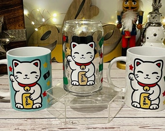 Lucky Cat Glass Can, Maneki Neko, Gift for New Home, New Marriage, Happy New Year Glass Can