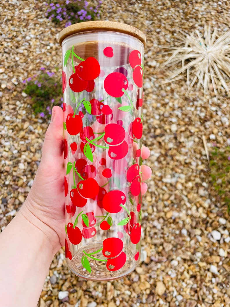 Vaso de vidrio de cerezas rojas, regalo para amantes de las cerezas, regalo de primavera y verano, decoración de cerezas, vaso de vidrio de 25 oz de fruta de cereza imagen 2