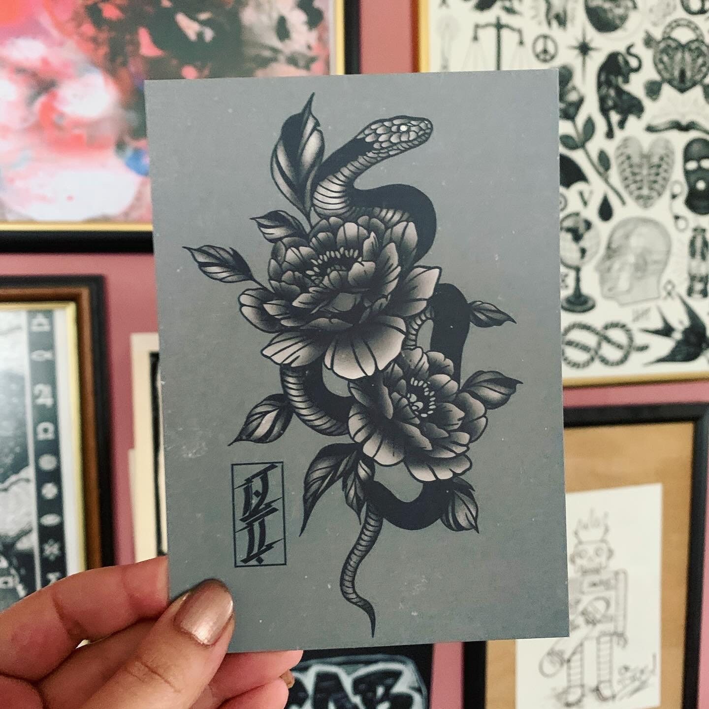 Snake Flowers Tattoo Print - Etsy