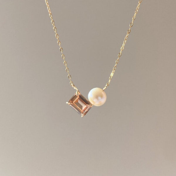 14KGF / Padparadscha Sapphire x Freshwater Pearl Necklace, Minimalist style, Special Gift, Everyday jewelry