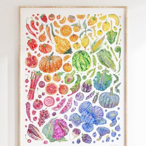 Regenbogen Obst und Gemüse Kunstdruck - Aquarell Obst und Gemüse Kunstdruck mit Öko-Tinten auf nachhaltig gewonnenem Papier